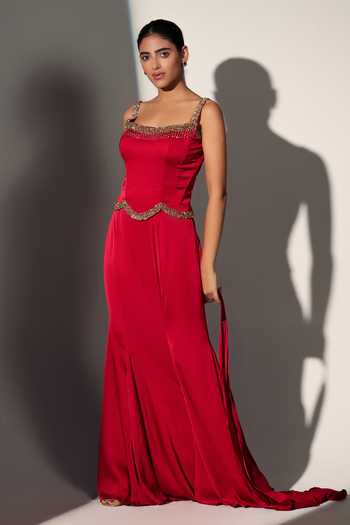 Buy_Libas Cafe By Nidhi & Ashish_Red Satin Embroidery, Sequins Square Neck Blair Corset Skirt Set _at_Aza_Fashions