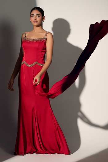 Buy_Libas Cafe By Nidhi & Ashish_Red Satin Embroidery, Sequins Square Neck Blair Corset Skirt Set _Online_at_Aza_Fashions
