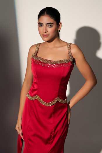 Shop_Libas Cafe By Nidhi & Ashish_Red Satin Embroidery, Sequins Square Neck Blair Corset Skirt Set _Online_at_Aza_Fashions