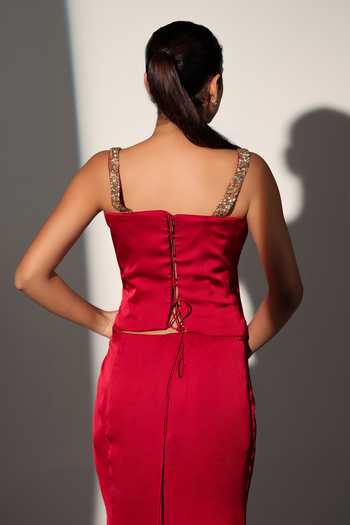 Shop_Libas Cafe By Nidhi & Ashish_Red Satin Embroidery, Sequins Square Neck Blair Corset Skirt Set _at_Aza_Fashions