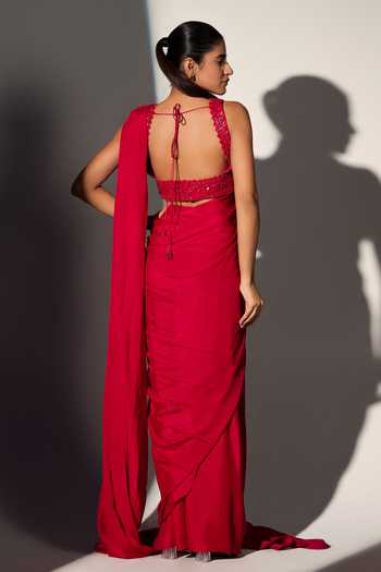 Shop_Libas Cafe By Nidhi & Ashish_Red Crepe Square Neck Neerja Pre-draped Saree With Embroidered Blouse _at_Aza_Fashions