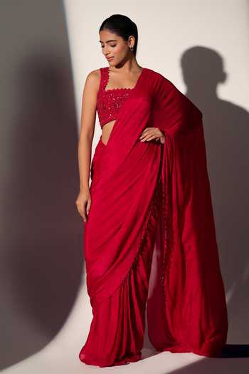 Libas Cafe By Nidhi & Ashish_Red Crepe Square Neck Neerja Pre-draped Saree With Embroidered Blouse _Online_at_Aza_Fashions