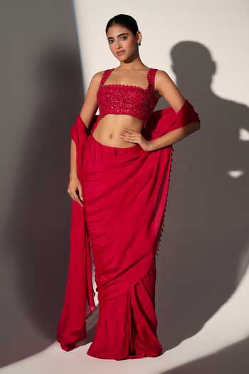 Buy_Libas Cafe By Nidhi & Ashish_Red Crepe Square Neck Neerja Pre-draped Saree With Embroidered Blouse _at_Aza_Fashions