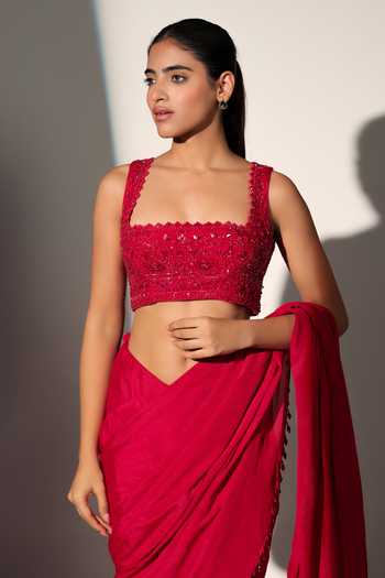 Buy_Libas Cafe By Nidhi & Ashish_Red Crepe Square Neck Neerja Pre-draped Saree With Embroidered Blouse _Online_at_Aza_Fashions