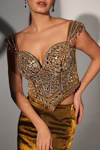 Libas Cafe by Nidhi & Ashish_Gold Organza Mirrors, Stones, Beads Serena Work Corset Mermaid Skirt Set _Online