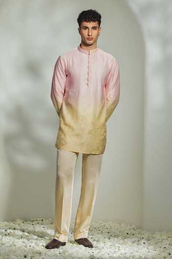 Shop_Madhav Agasti_Pink Silk, Linen Ombre Embroidered Kurta And Pant Set _at_Aza_Fashions
