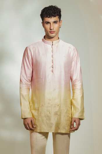 Madhav Agasti_Pink Silk, Linen Ombre Embroidered Kurta And Pant Set _Online_at_Aza_Fashions
