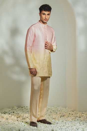 Buy_Madhav Agasti_Pink Silk, Linen Ombre Embroidered Kurta And Pant Set _Online_at_Aza_Fashions