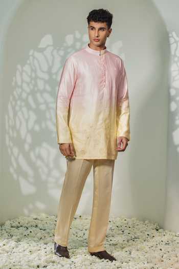 Buy_Madhav Agasti_Pink Silk, Linen Ombre Embroidered Kurta And Pant Set _at_Aza_Fashions
