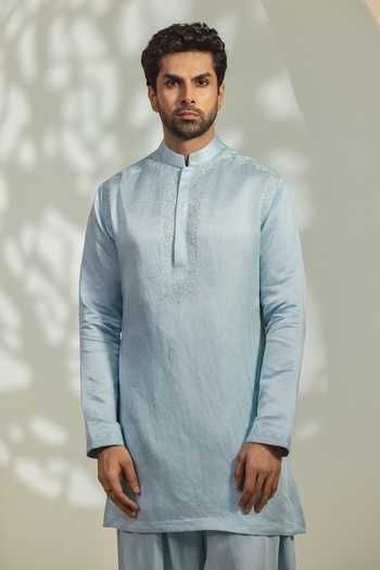Shop_Madhav Agasti_Blue Silk, Linen Hand Embroidered Kurta Set _at_Aza_Fashions