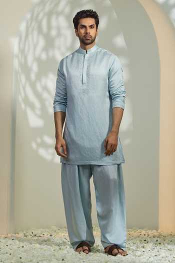 Buy_Madhav Agasti_Blue Silk, Linen Hand Embroidered Kurta Set _at_Aza_Fashions