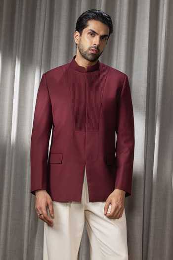 Buy_Madhav Agasti_Maroon Silk, Suiting Pintuck Bandhgala  _at_Aza_Fashions