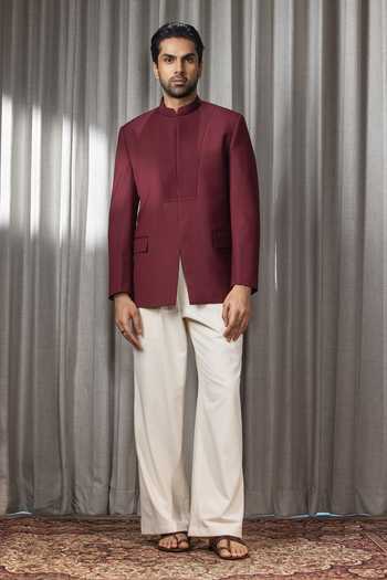 Shop_Madhav Agasti_Maroon Silk, Suiting Pintuck Bandhgala  _at_Aza_Fashions