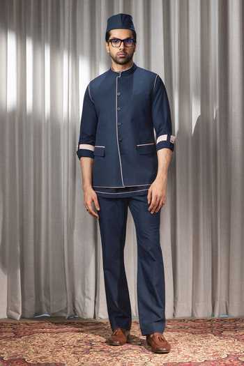 Shop_Madhav Agasti_Blue Handloom Cotton Piping Bundi Kurta Set _at_Aza_Fashions