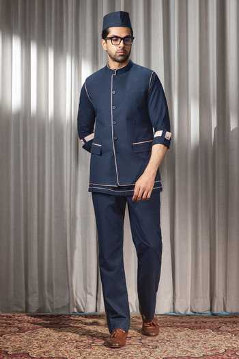 Buy_Madhav Agasti_Blue Handloom Cotton Piping Bundi Kurta Set _at_Aza_Fashions