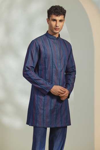 Shop_Madhav Agasti_Blue Denim Kurta And Pant Set _at_Aza_Fashions