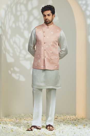Shop_Madhav Agasti_Pink Silk, Linen Bandhani Pattern Bundi Kurta Set  _at_Aza_Fashions