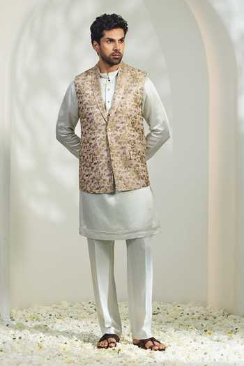 Shop_Madhav Agasti_Beige Silk Hand Embroidered Nehru Jacket _at_Aza_Fashions