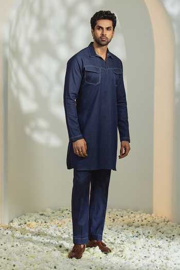Shop_Madhav Agasti_Blue Denim Pathani Kurta And Pant Set _at_Aza_Fashions