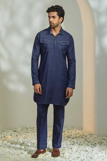 Buy_Madhav Agasti_Blue Denim Pathani Kurta And Pant Set _at_Aza_Fashions