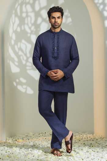 Buy_Madhav Agasti_Blue Linen Kurta And Pant Set _at_Aza_Fashions