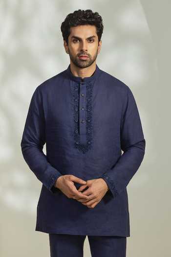 Shop_Madhav Agasti_Blue Linen Kurta And Pant Set _at_Aza_Fashions