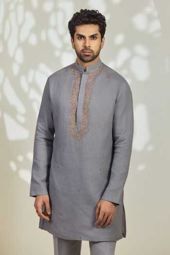 Madhav Agasti_Grey Linen Kurta And Pant Set _Online_at_Aza_Fashions