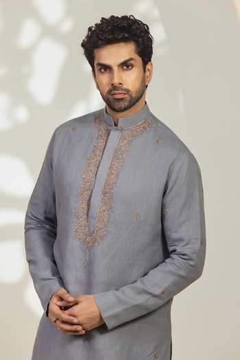 Shop_Madhav Agasti_Grey Linen Kurta And Pant Set _at_Aza_Fashions