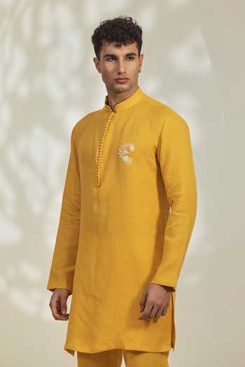Shop_Madhav Agasti_Yellow Linen Placed Embroidered Kurta And Pant Set _at_Aza_Fashions