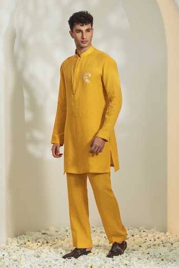 Buy_Madhav Agasti_Yellow Linen Placed Embroidered Kurta And Pant Set _at_Aza_Fashions