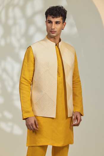 Shop_Madhav Agasti_Yellow Silk Diagonal Pintuck Pattern Bundi _at_Aza_Fashions