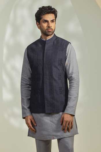 Shop_Madhav Agasti_Navy Silk Textured Nehru Jacket _at_Aza_Fashions