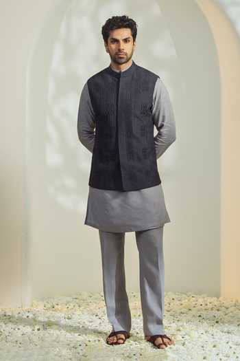 Buy_Madhav Agasti_Navy Silk Textured Nehru Jacket _at_Aza_Fashions