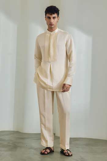 Buy_Madhav Agasti_Yellow Silk, Linen Kurta And Pant Set _at_Aza_Fashions