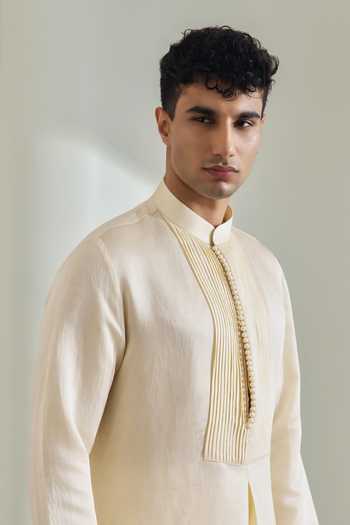 Shop_Madhav Agasti_Yellow Silk, Linen Kurta And Pant Set _Online_at_Aza_Fashions