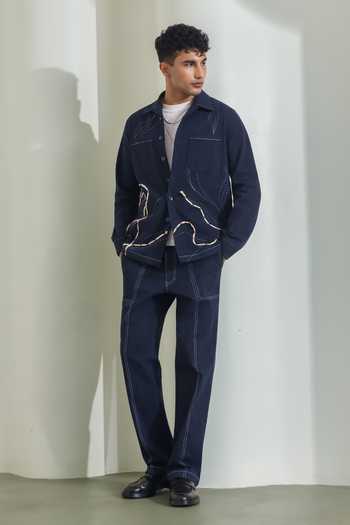 Buy_Madhav Agasti_Blue Denim Hand Embroidered Shacket With Trouser _at_Aza_Fashions