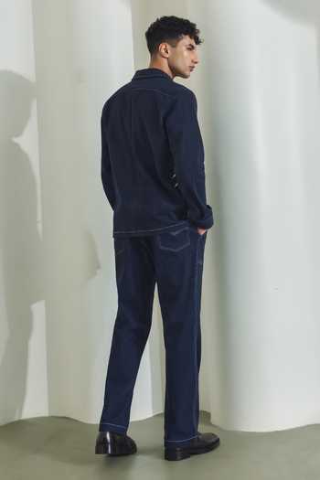 Shop_Madhav Agasti_Blue Denim Hand Embroidered Shacket With Trouser _at_Aza_Fashions