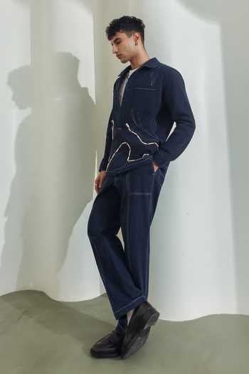 Madhav Agasti_Blue Denim Hand Embroidered Shacket With Trouser _Online_at_Aza_Fashions