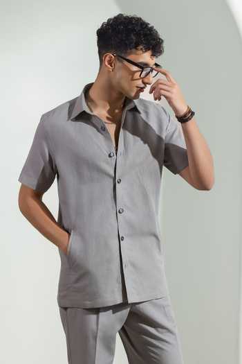 Shop_Madhav Agasti_Grey Linen Shirt And Trouser Set _at_Aza_Fashions