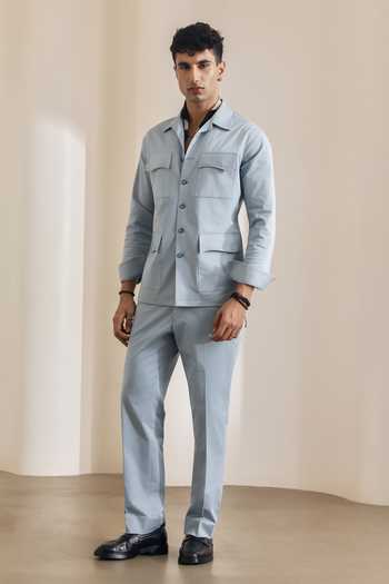 Shop_Madhav Agasti_Blue Cotton Blend Shacket And Trouser Set _at_Aza_Fashions