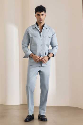 Buy_Madhav Agasti_Blue Cotton Blend Shacket And Trouser Set _at_Aza_Fashions