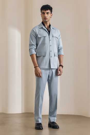 Buy_Madhav Agasti_Blue Cotton Blend Shacket And Trouser Set _Online_at_Aza_Fashions