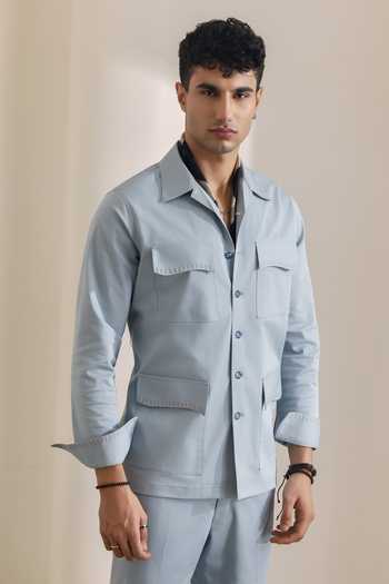 Shop_Madhav Agasti_Blue Cotton Blend Shacket And Trouser Set _Online_at_Aza_Fashions