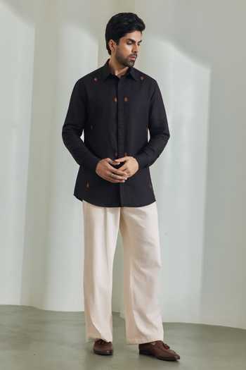 Shop_Madhav Agasti_Black Linen Hand Embroidered Shirt _at_Aza_Fashions