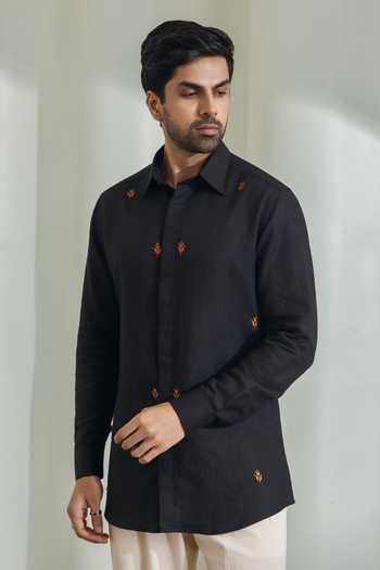Buy_Madhav Agasti_Black Linen Hand Embroidered Shirt _at_Aza_Fashions