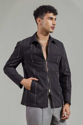 Buy_Madhav Agasti_Grey Handloom Cotton Hand Embroidered Jacket _at_Aza_Fashions