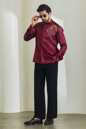Shop_Madhav Agasti_Maroon Silk Hand Embroidered Shirt _at_Aza_Fashions