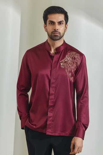 Buy_Madhav Agasti_Maroon Silk Hand Embroidered Shirt _at_Aza_Fashions