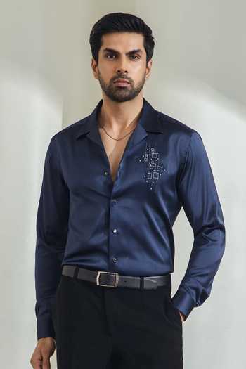 Buy_Madhav Agasti_Navy Silk Hand Embroidered Shirt _at_Aza_Fashions