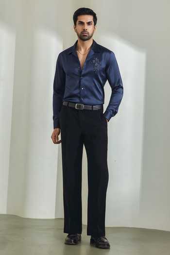 Shop_Madhav Agasti_Navy Silk Hand Embroidered Shirt _at_Aza_Fashions